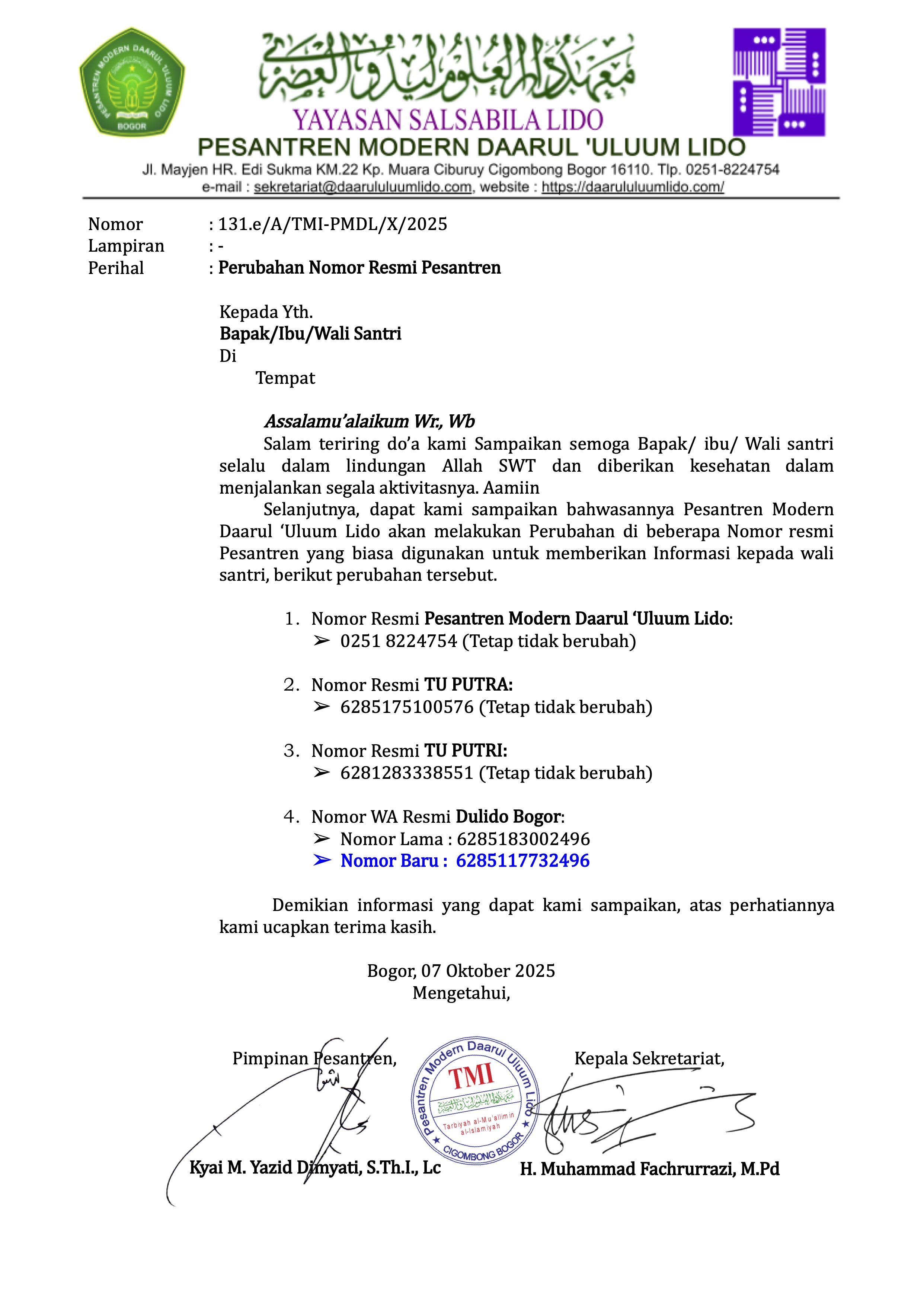 Nomor Resmi Pesantren‬